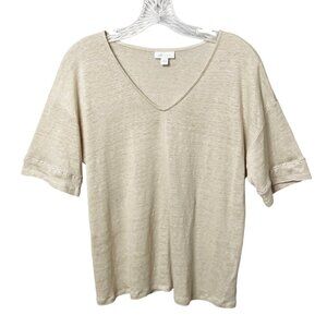 J. Jill Love Linen Beige V-Neck Top Womens Size Small Crochet Trim Short Sleeve